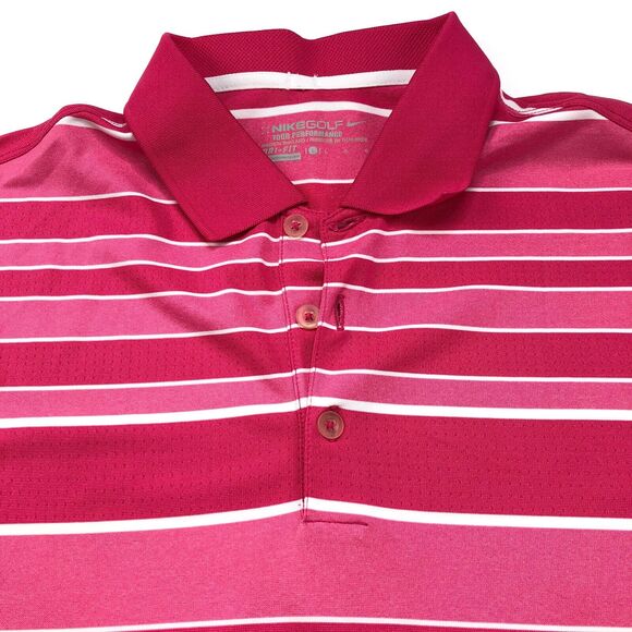 Nike TOUR PERFORMANCE Dri Fit LOGO Large Pink Golf SS Button Polo Striped Shirt - Picture 1 of 8